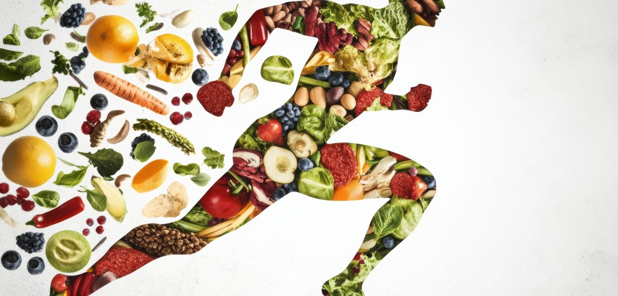 A vibrant silhouette of a runner, featuring a blend of fresh fruits and vegetables, symbolizing health and nutrition. emphasizes fitness, wellness, and plant-based diets in a colorful display.