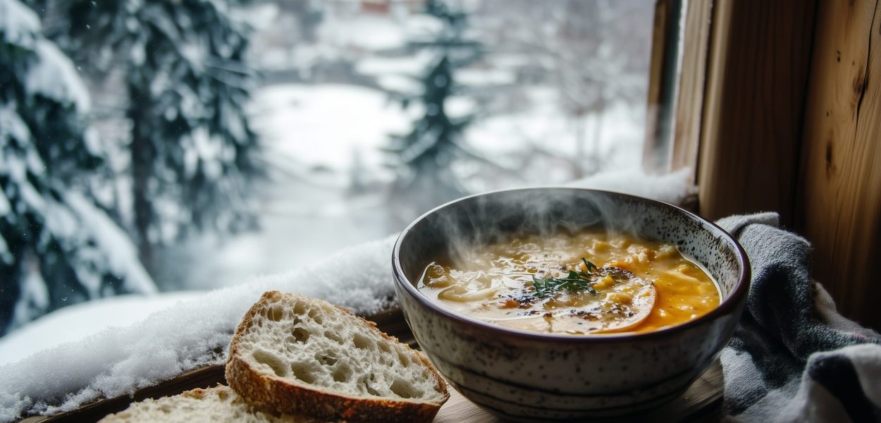 A steaming bowl of hearty soup sits next to slices of fresh bread on a wooden ledge, with a picturesque snowy scene visible outside the window.